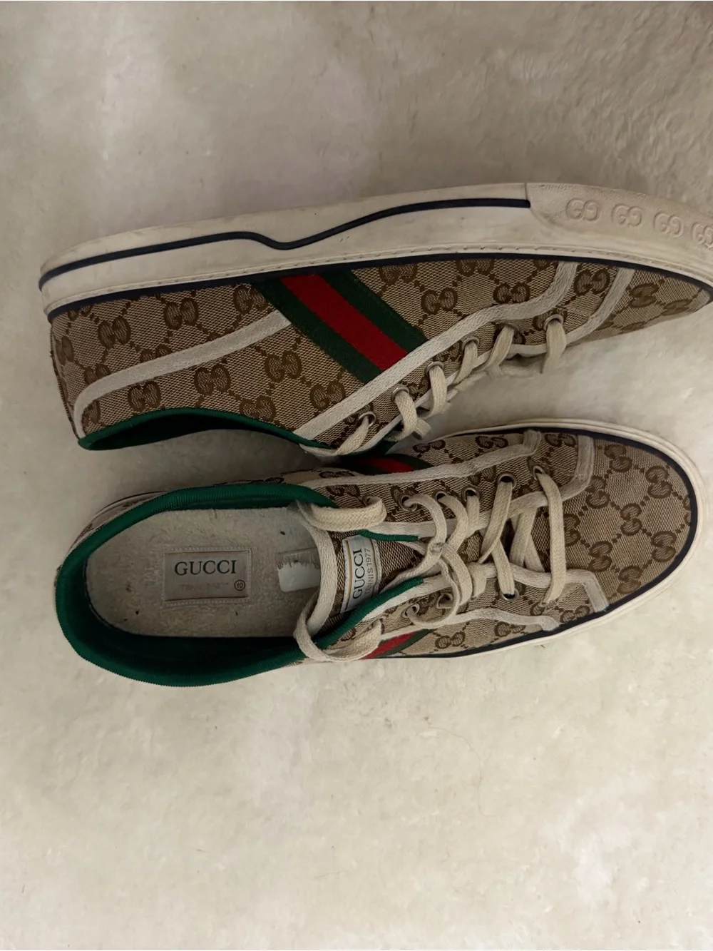 Gucci Beige Brown GG Canvas Sneakers with Green & Red Stripe
